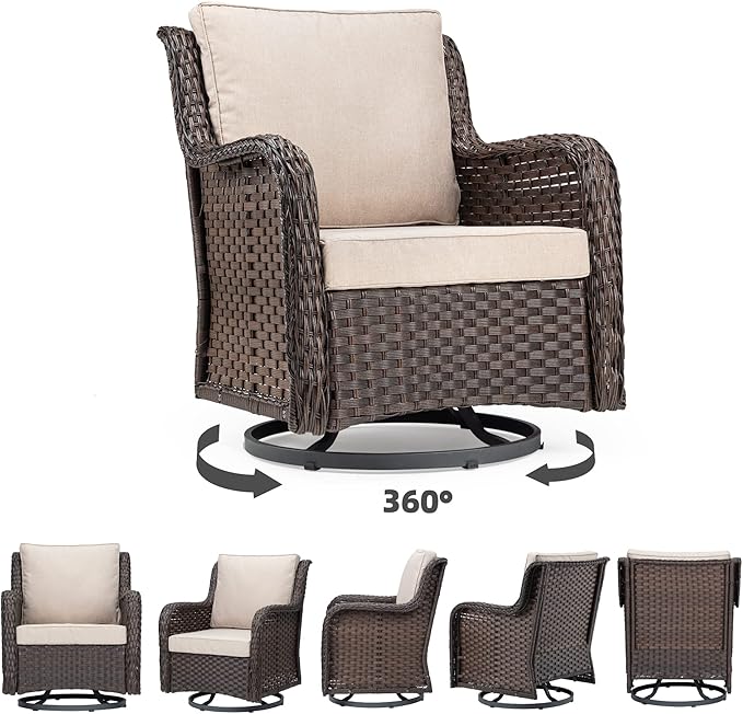 Towallmark Outdoor Swivel Wicker Glider Patio Chairs with Table Set, 3 Pieces Outdoor Bistro Set with 4”Thick Cushions and Coffee Table for Porch, Balcony, Deck (Beige)-VerdiqueGarden