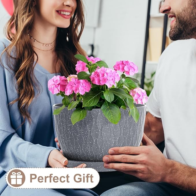 12 Inch Wide Water Ripples Flower Pots for Indoor or Outdoor Plants, Large Plant Pots with Drainage Holes & Saucer, Plastic Planters Set for Garden & Home Decor (Grey with White Speckles)-VerdiqueGarden