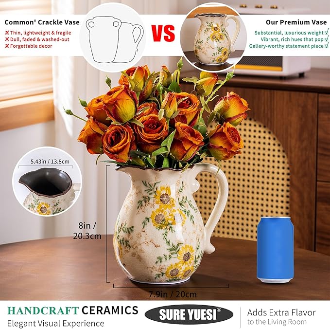 Sunflower Vintage Ceramic Yellow Floral Vase with Handle, Chinoiserie Floral Pitcher Vase, Rustic Ceramic Farmhouse Vases for Home Decor, Living Room, Bookshelf, Office, Grand Millennial Decor 7.9 in-VerdiqueGarden