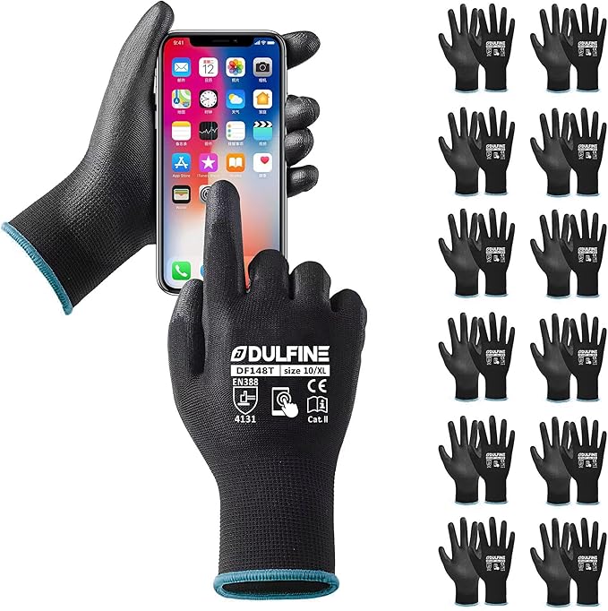 Safety Work Gloves PU Coated for Men and Women-12 Pairs,Black Seamless Knit Glove with Two Fingers Touchscreen,Ideal for General Duty Work (X-Large)-VerdiqueGarden