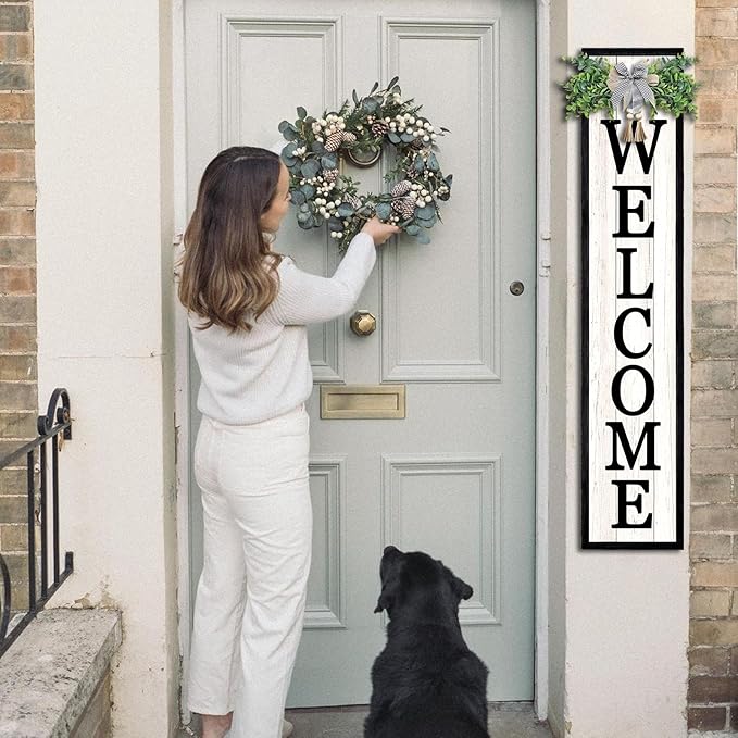 Surfapans Welcome Sign for Front porch Standing 45"X9"Large Wood Frame Outdoor Tall Welcome Signs Vertical Decor for Farmhouse Rustic Home Modern Outside Front Door Wall Decorations (Black)-VerdiqueGarden
