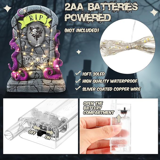 Hiboom 6 Set Large Halloween 3D Changing Face Rip Graveyard Tombstones and 23.6x15.7 Inch Halloween Skeleton Headstone 6 Pcs LED String Lights Halloween Decoration for Yard Garden Lawn-VerdiqueGarden