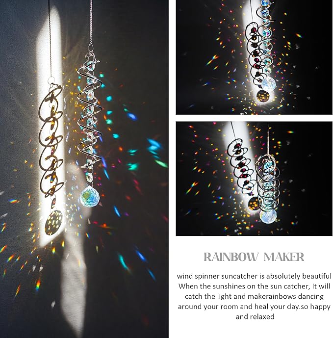 H&D HYALINE & DORA 17.7in Crystal Sun Catcher,Colorful Hanging Suncatcher with Octagonal Beads and Chain,Gazing Ball Spiral Tail,Rainbow Crystals for Indoor Outdoor Garden Decoration-VerdiqueGarden
