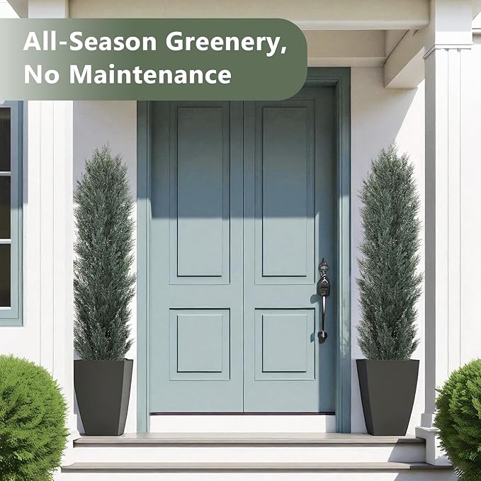 THE BLOOM TIMES 6ft Tall Topiary Trees Artificial Outdoor – UV Resistant Faux Cedar Pine Cypress Bushes and Shrubs, Fake Potted Plants for Front Porch Outside Planter Patio Decor, Set of 2 (6 Foot)-VerdiqueGarden