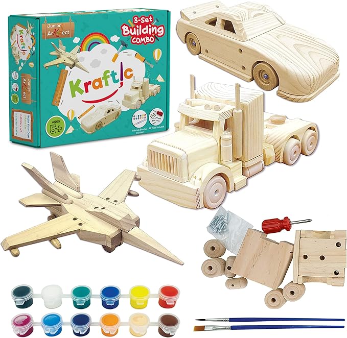 Kraftic Woodworking Building Kit for Kids and Adults, 3 Educational DIY Carpentry Construction Wood Model Kit Toy Projects for Boys and Girls - Build a Wooden Military Jet Race Car and Tractor Trailer-VerdiqueGarden