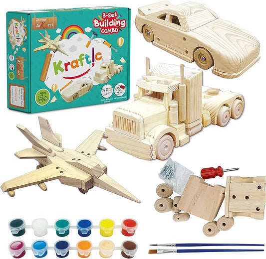 Kraftic Woodworking Building Kit for Kids and Adults, 3 Educational DIY Carpentry Construction Wood Model Kit Toy Projects for Boys and Girls - Build a Wooden Military Jet Race Car and Tractor Trailer-VerdiqueGarden