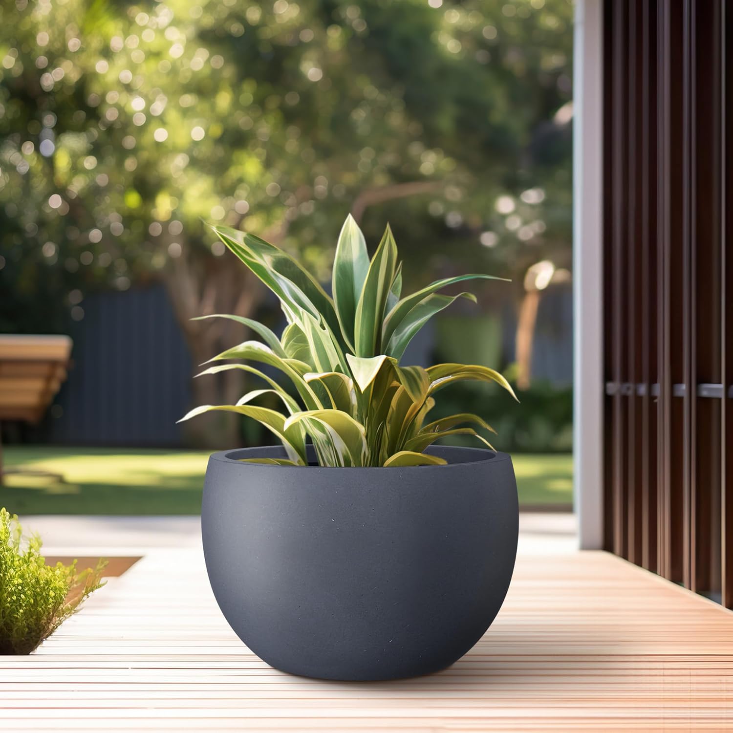 Kante 15.7" Dia Round Concrete Planter, Outdoor/Indoor Large Bowl Plant Pots with Drainage Hole and Rubber Plug for Garden Patio Balcony Home, Charcoal-VerdiqueGarden