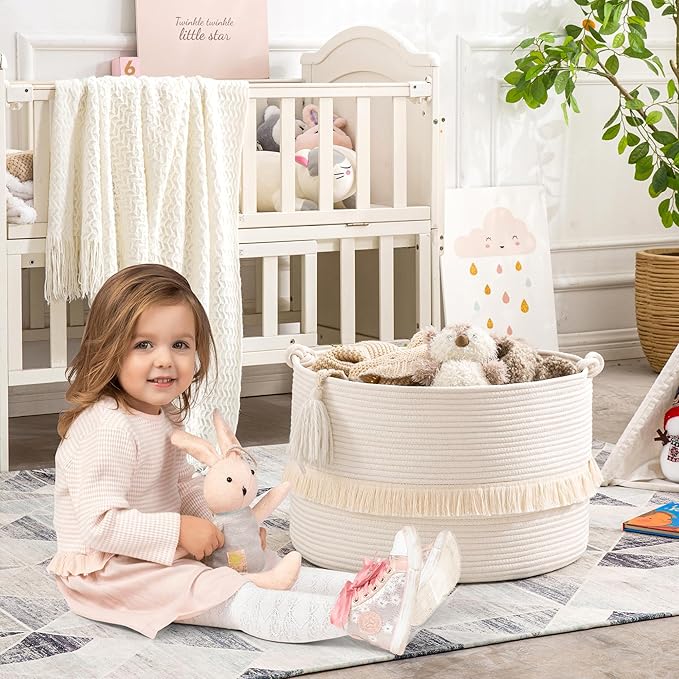 KAKAMAY Large Blanket Basket (20"x13"),Woven Baskets for storage Baby Laundry Hamper, Cotton Rope Blanket Basket for Living Room, Laundry, Nursery, Pillows, Baby Toy chest (White)-VerdiqueGarden