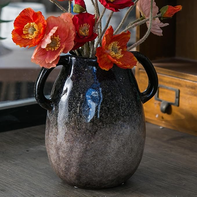Blue Gradient Ceramic Vase with 2 Handles, Modern Farmhouse Decor, Rustic Terracotta Pottery, Decorative Clay Flower Vase, Centerpiece for Dining Table - 7 Inch-VerdiqueGarden
