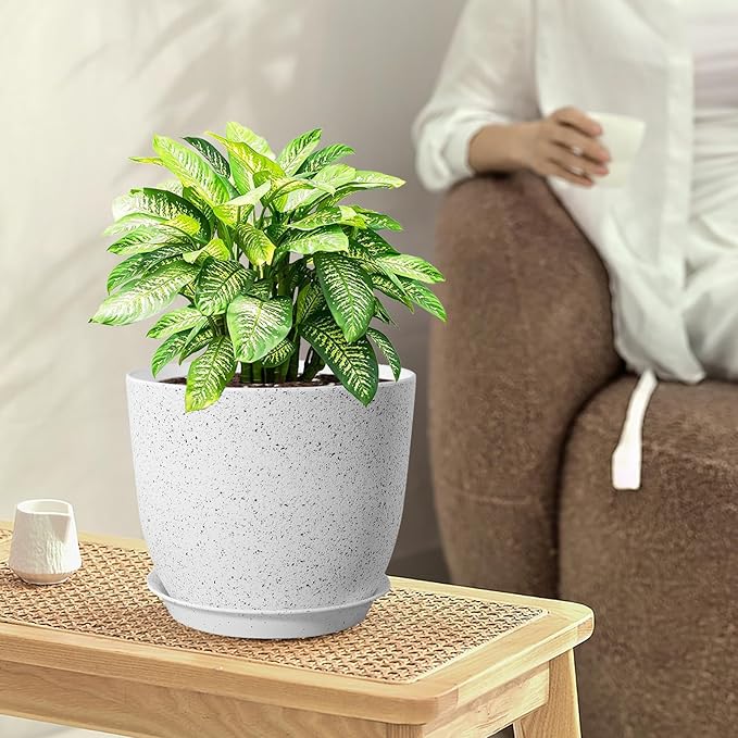 10/9/8 inch Medium Plant Pots, Set of 3 Modern Decorative Plastic Planters with Drainage Holes and Saucers for Garden House Plants, Flower Pots for Indoor Outdoor Plants, Speckled White-VerdiqueGarden