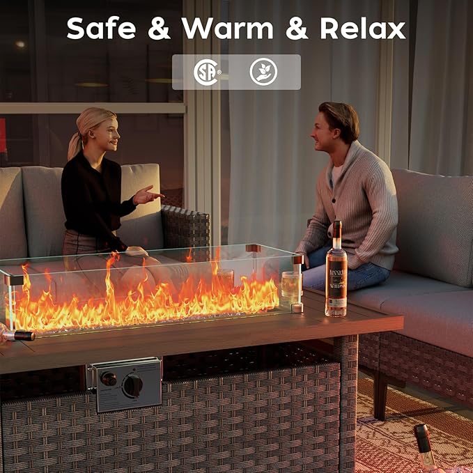 Propane Fire Pit Table Outdoor, 44" 60000BTU Auto-Ignition Fire Pits Table with Wind Guard Square Large Wicker Propane Firepits for Porch Garden(Grey,CSA Certified)-VerdiqueGarden