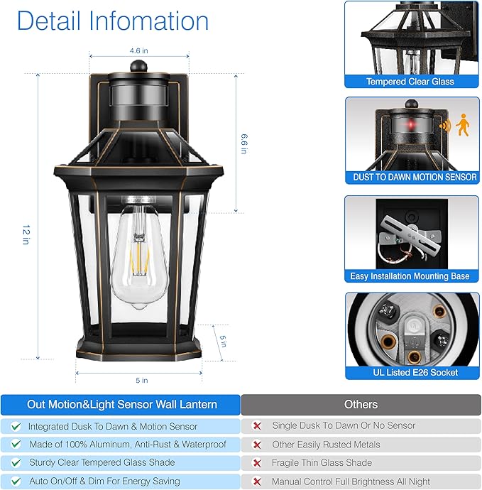 VIANIS Motion Sensor Outdoor Wall Lantern, Black Waterproof Dusk to Dawn LED Exterior Wall Sconce, Anti-Rust Aluminum Modern Outdoor Lights Fixtures Wall Mount for Porch, Entryway, Garage, Front Door-VerdiqueGarden