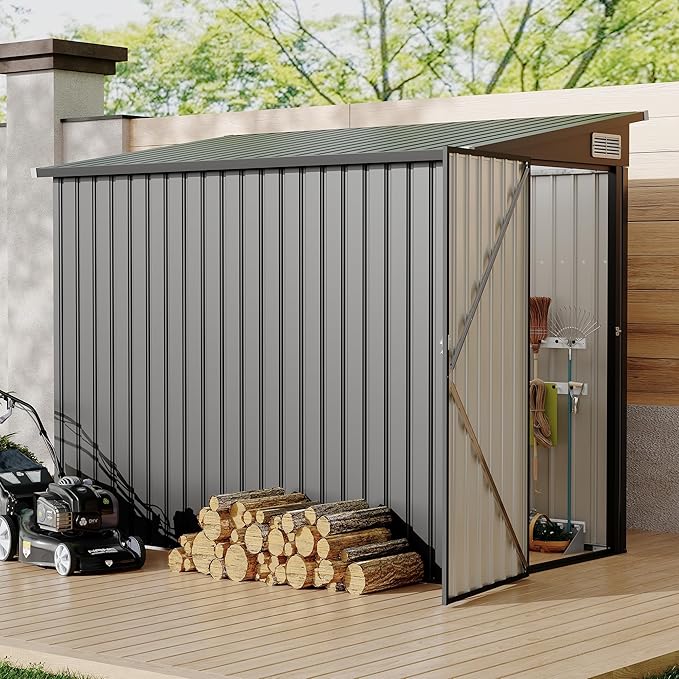 4x8 FT Metal Outdoor Lean to Storage Shed, Lean to Garden Shed Utility Tool Shed, Heavy-Duty Outdoor Metal Wall Side Storage Sheds-VerdiqueGarden
