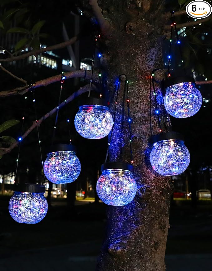 PARTPHONER Solar Lantern Solar Lights Outdoor Waterproof 6-Pack, Solar Powered Hanging Lights Cracked Glass Hanging Globes for Christmas Decoration, Shepherd Hook, Garden Tree Ornaments, Multi-Color-VerdiqueGarden