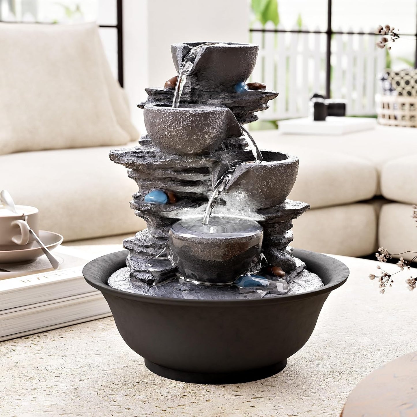 10.6inch Tabletop Fountain, Indoor Waterfall Fountains with LED Light, Realistic Rock Design for Soothing Ambiance in Bedrooms, Living Rooms, Offices, or Meditation Spaces-VerdiqueGarden