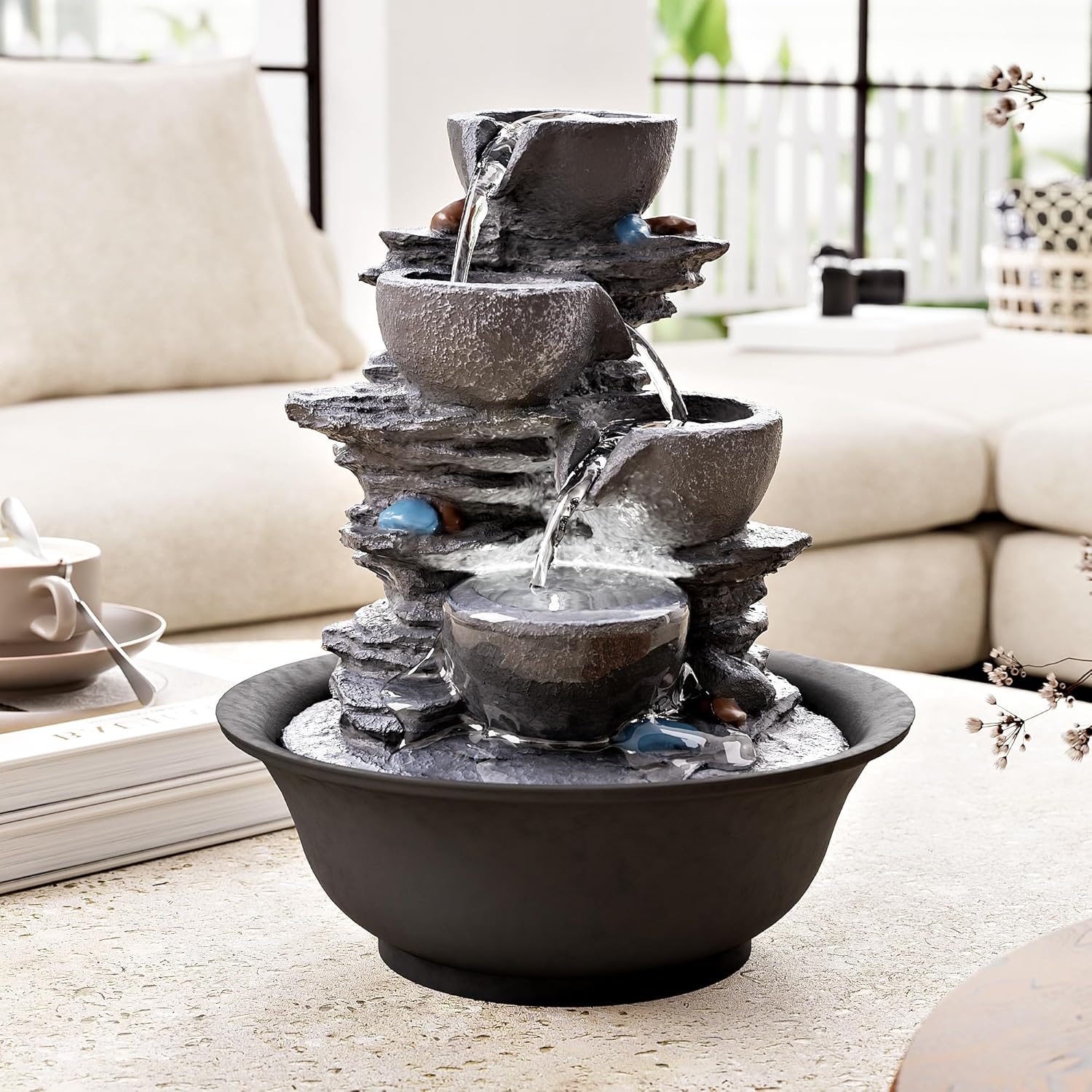 10.6inch Tabletop Fountain, Indoor Waterfall Fountains with LED Light, Realistic Rock Design for Soothing Ambiance in Bedrooms, Living Rooms, Offices, or Meditation Spaces-VerdiqueGarden