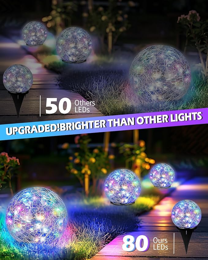 Garden Solar Ball Lights Outdoor Waterproof, 80 LED Cracked Glass Globe Solar Power Ground Lights for Path Yard Patio Lawn, Outdoor Decoration Landscape Colorful(2 Pack 5.9'')-VerdiqueGarden