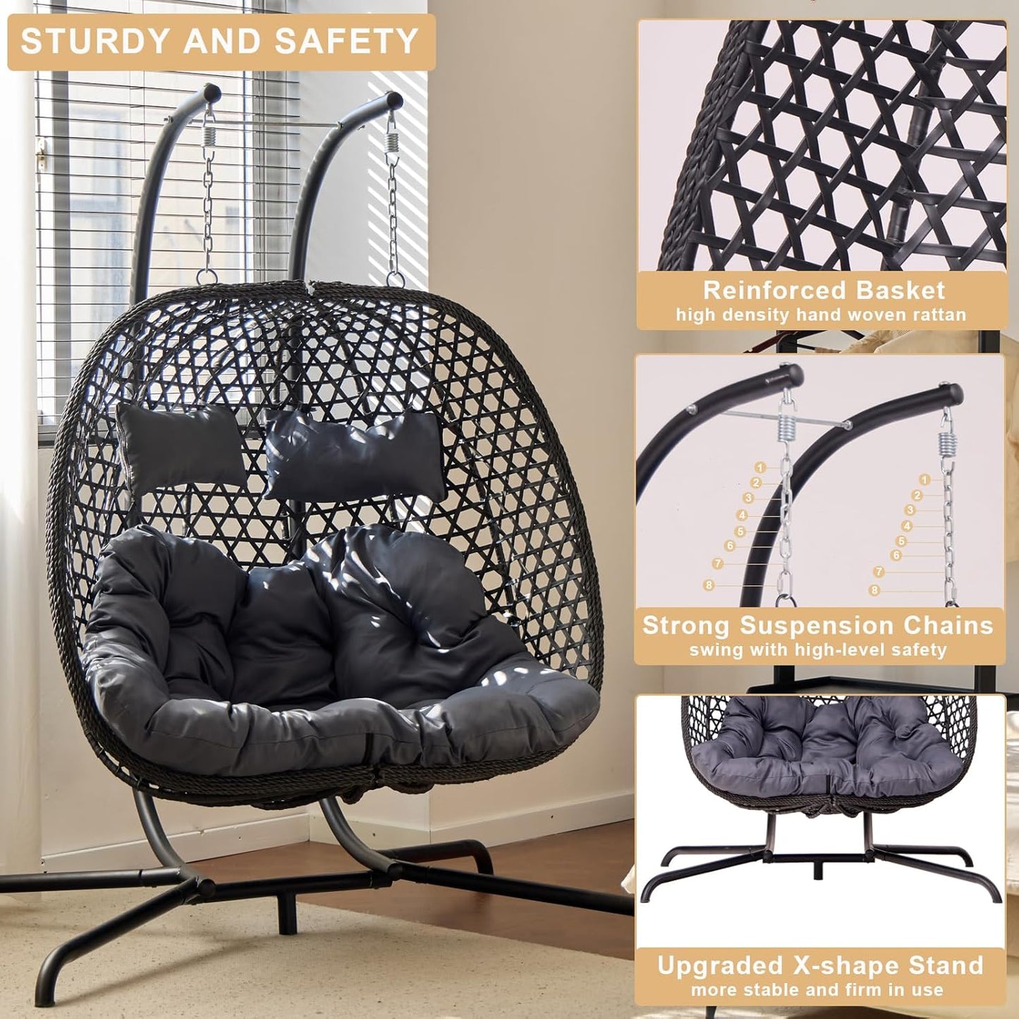 Double Hanging Swing Egg Chair with Stand, Hexagon Wicker Hammock Swing Chair for Outdoor Garden Patio, 2 Person Egg Chair with Foldable Loveseat Removable Cushions (Dark Grey)-VerdiqueGarden