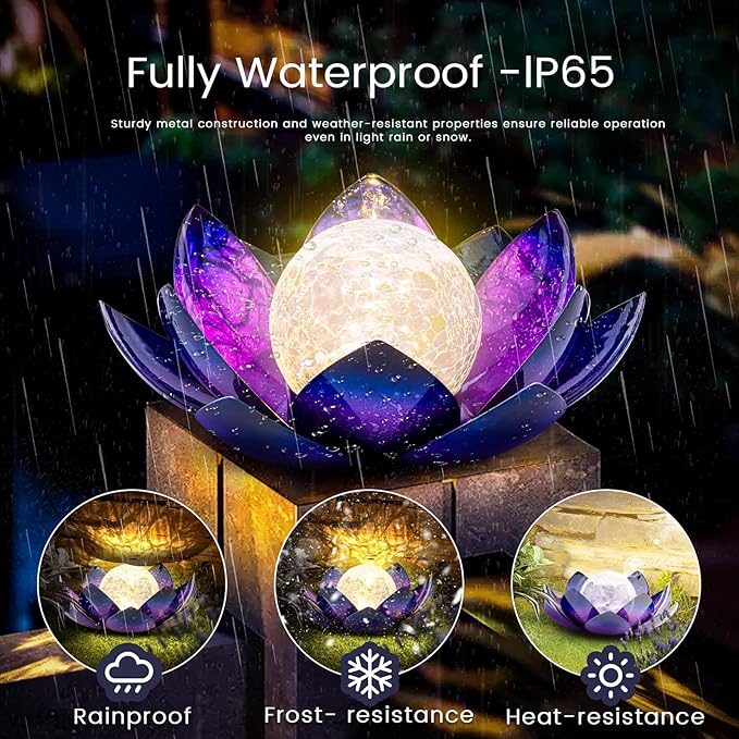Huaxu Solar Lights for Outdoor Decor, Purple Lotus Flower Light, Waterproof LED Crackle Globe Glass Lamp for Garden, Patio, Yard, Porch, Pathway, Ground, Tabletop Christmas Gifts for Mom,Women-VerdiqueGarden