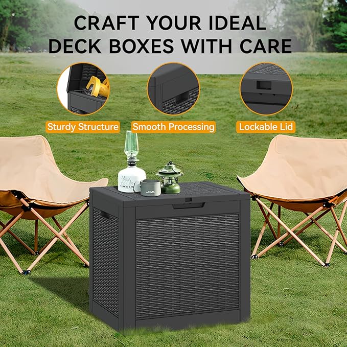 NUNU LAB 30 Gallon Waterproof Outdoor Storage Box, Lockable Resin Deck Box Bench for Patio Cushions, Garden Tools, Pool Accessories & Package Deliveries – Black-VerdiqueGarden