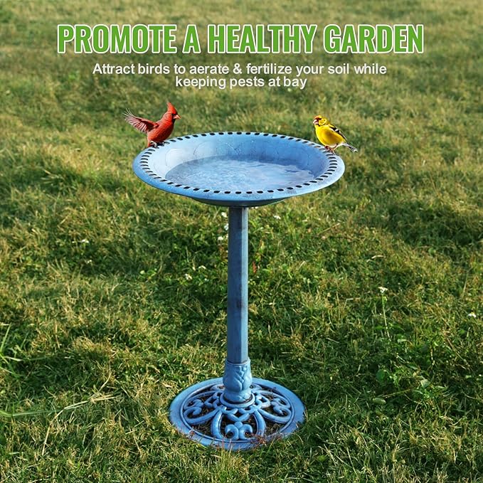 Backyard Expressions Outdoor Garden Bird Bath - Blue - Weather Resistant Polyresin - 27 Inch-VerdiqueGarden