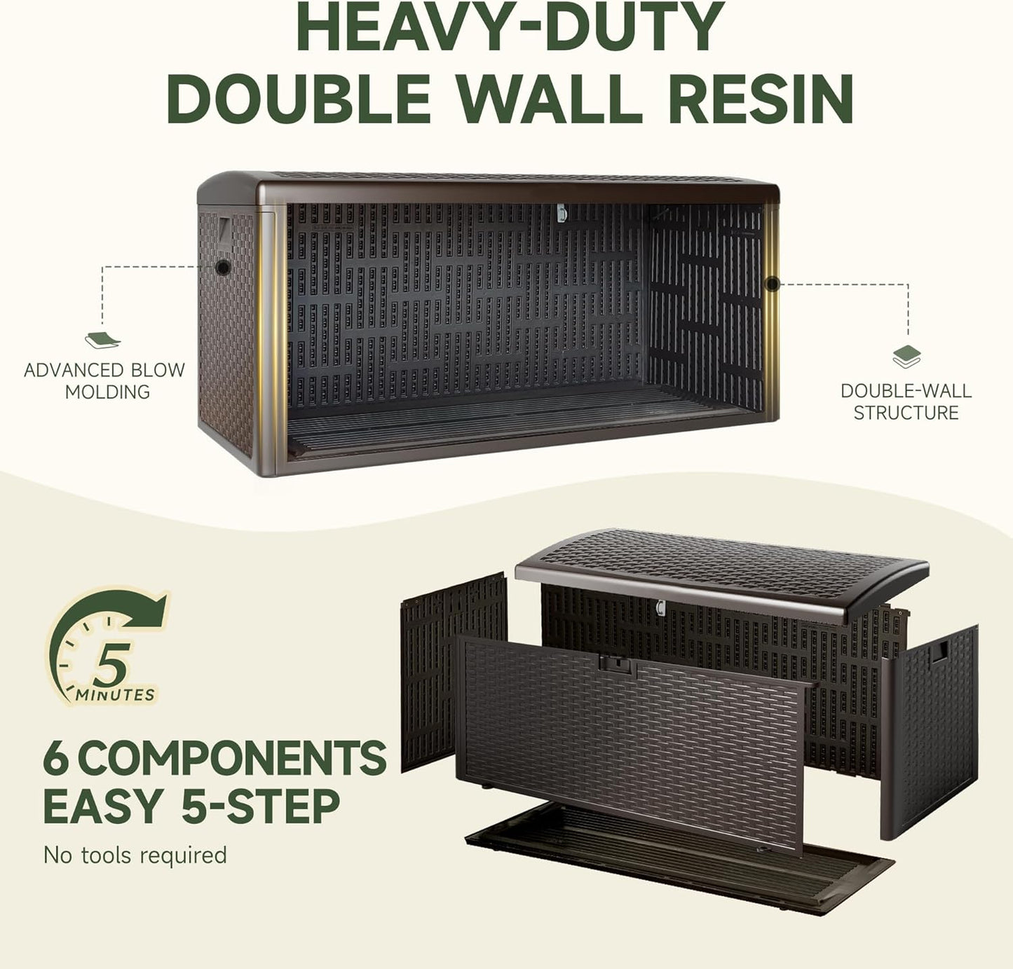 150 Gallon Deck Box, Double Layer Waterproof Resin Outdoor Indoor Storage Box, Lockable & UV Resistant Storage Bin for Patio Furniture, Garden Tools, Pool Accessories (Brown)-VerdiqueGarden