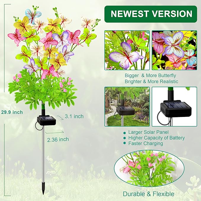Solar Garden Lights Outdoor Waterproof,2 Packs Solar Swaying Butterfly Lights Decor,Gardening Butterfly Gifts for Mom Women,Solar Flowers Plant Lights Decorative Stakes for Yard Patio Lawn Pathway-VerdiqueGarden