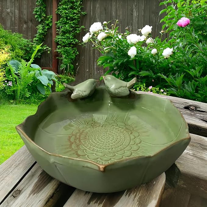 Bird Bath for Outside on Ground, 10 in Ceramic Birds Bath Bowl, Handmade Ground Bird Feeders and birdbath for Outdoors for Outdoors, Garden, Tabletop, Balcony and Lawn (Big - deep)-VerdiqueGarden