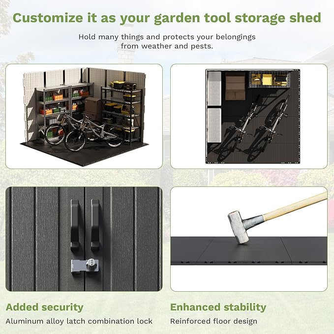 Patiowell 8 x 8 FT Plastic Outdoor Storage Shed with Floor, Resin Shed with Window and Lockable Door for Garden, Backyard, Tool Storage Use, Easy to Install in Beige (Kick-it Shed)-VerdiqueGarden