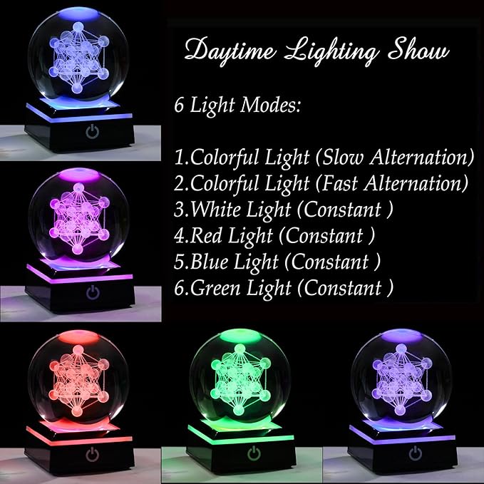 Qianwei 3D Metatron's Cube Crystal Ball with LED Colorful Lighting Touch Base - Flower of Life Night Light - Grid Sacred Geometry Sphere for Meditation Decor Spiritual Decor-VerdiqueGarden