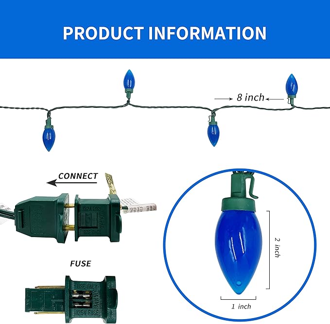 C9 Christmas Lights Outdoor 50 LED Blue Strawberry Waterproof String Lights Xmas Tree Indoor Decoration Plug in 34.5 Feet Used for Home Festive Courtyard Patio Garden(Blue)-VerdiqueGarden