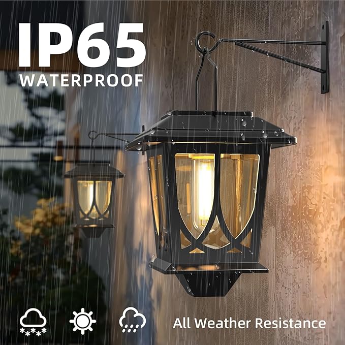 Solar Lanterns Outdoor Waterproof 2 Pack, Glass Auto On/Off LED Hanging Solar Lights, Outdoor Lantern with Wall Mount for Yard Fence Patio - Black-VerdiqueGarden