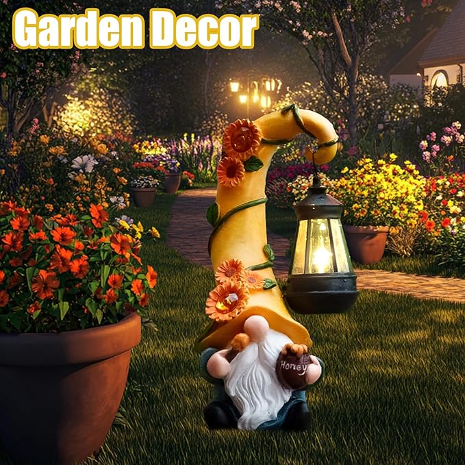 Twinbling12 Solar Sunflower Gnome Garden Statues Honey Bee jar Decor with LED Lantern Outdoor Summer Gnomes Decorations Patio Yard Balcony Art Gifts for Women Mom Grandma-VerdiqueGarden
