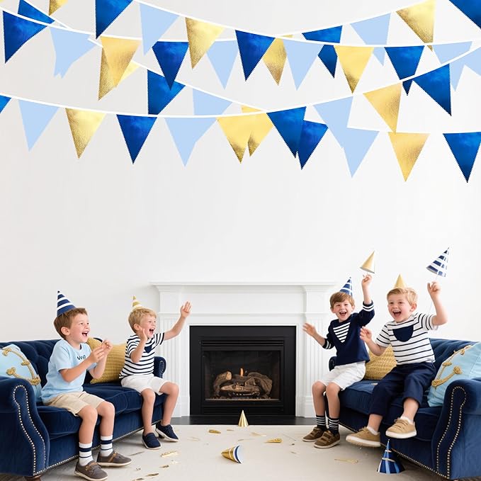 Gold Blue Party Decoration Gradient Blue and Gold Triangle Pennant Banner Flag Metallic Fabric Bunting Garland for Nautical Ahoy Achor Birthday Graduation Retirement Wedding Baby Shower Party Supplies-VerdiqueGarden