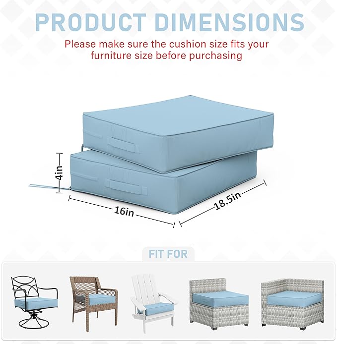 Patio Chair Cushions 18.5 X 16 X 4 Inch Waterproof Outdoor Seat Cushions for Patio Furniture, Outdoor Sofa Couch Pads with Ties & Handle, Set of 2, Light Blue-VerdiqueGarden