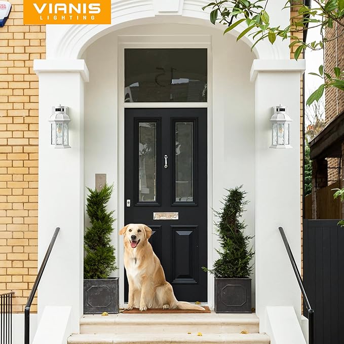 VIANIS 2-Pack Motion Sensor Outdoor Lights for House, White Garage Light Wall Mount Lantern, Modern Exterior LED Wall Lights Fixtures with Ripple Tempered Glass, Outside Wall Sconce Lamp for Porch-VerdiqueGarden