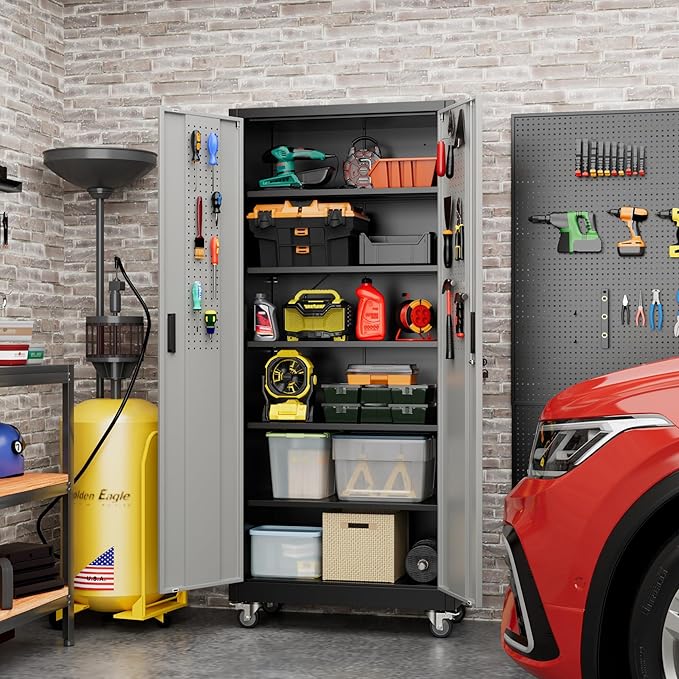 71" H×32" W×16" D Garage Storage Cabinet with Wheels & Pegboard, Locking Metal Storage Cabinet with Doors and 5 Adjustable Shelves & & 4 Hooks for Garage Warehouse Home Office, Black and Gray-VerdiqueGarden