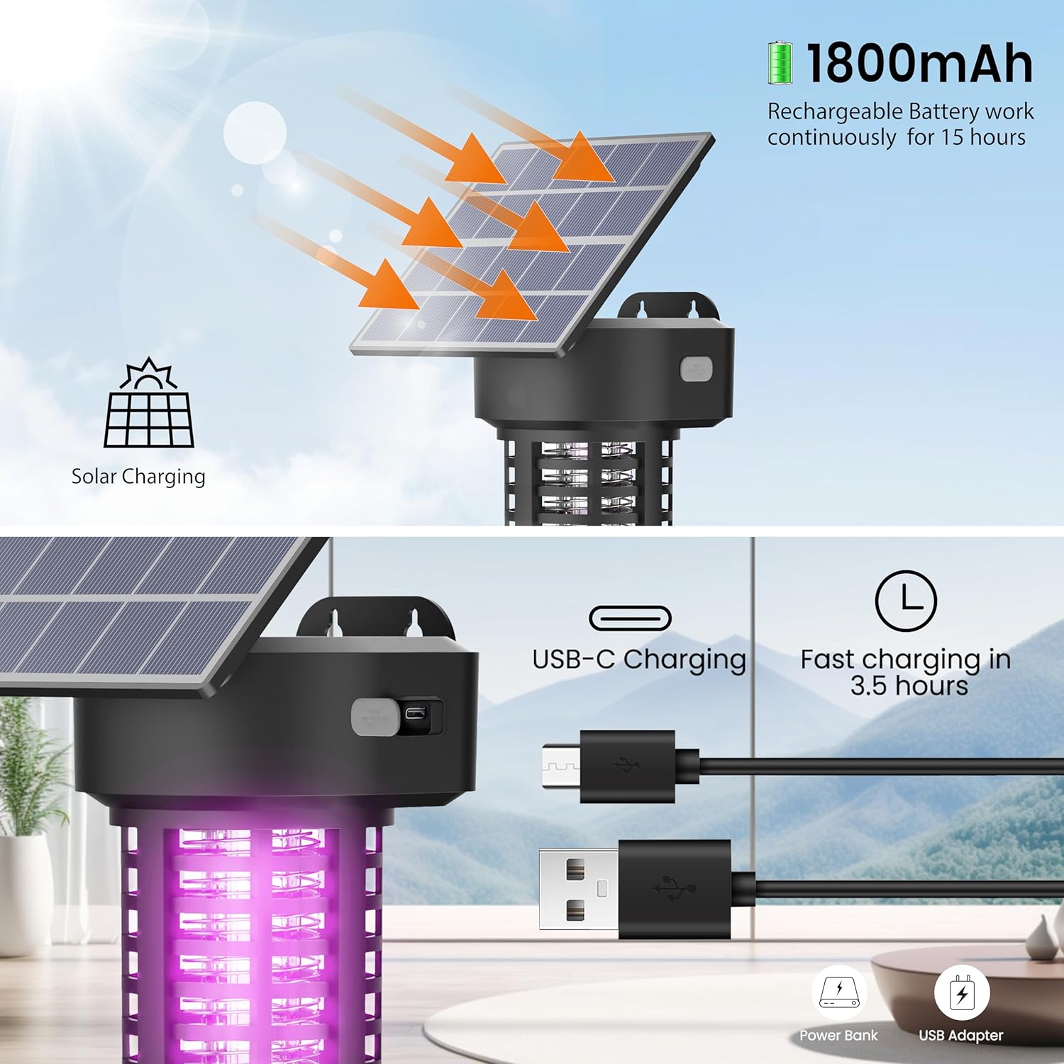 Solar Powered Bug Zapper Light 2 Pack Waterproof Outdoor Mosquito Killer Lamp Auto On/Off Cordless Garden Mosquito Zapper-VerdiqueGarden