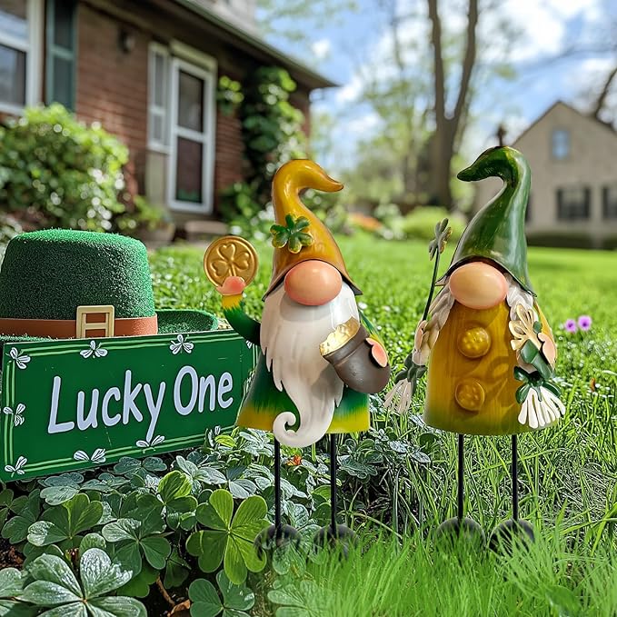 HONGLAND St.Patricks Day Decorations Outdoor Green Gnomes, Metal Gnomes Figurine Irish Leprechaun St Patricks Day Decor, Luck Shamrock Gnome for Home Outside Garden Lawn Party Yard Patio (18 INCH)-VerdiqueGarden