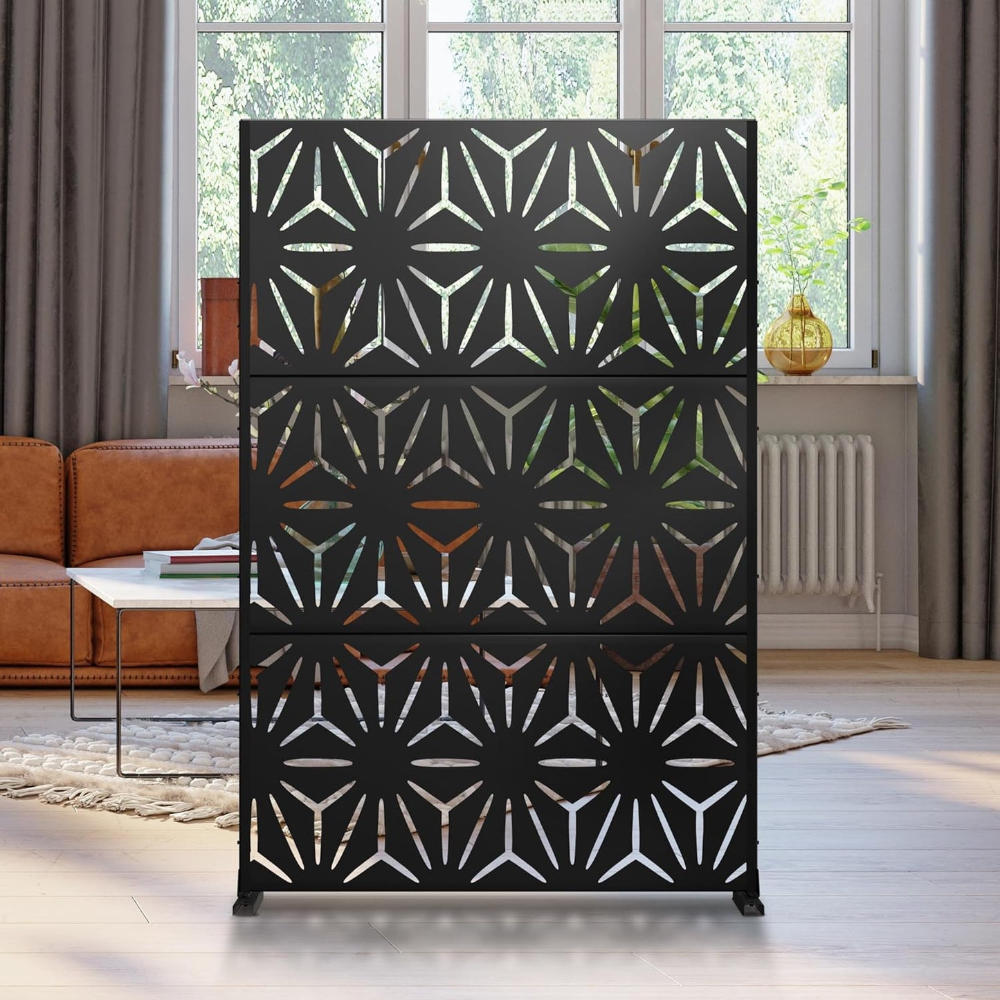 Metal Privacy Screen Outdoor 72" H×47" W, Freestanding Decorative Privacy Screen for Balcony Yard&Garden, Privacy Fence-Black&Star-VerdiqueGarden