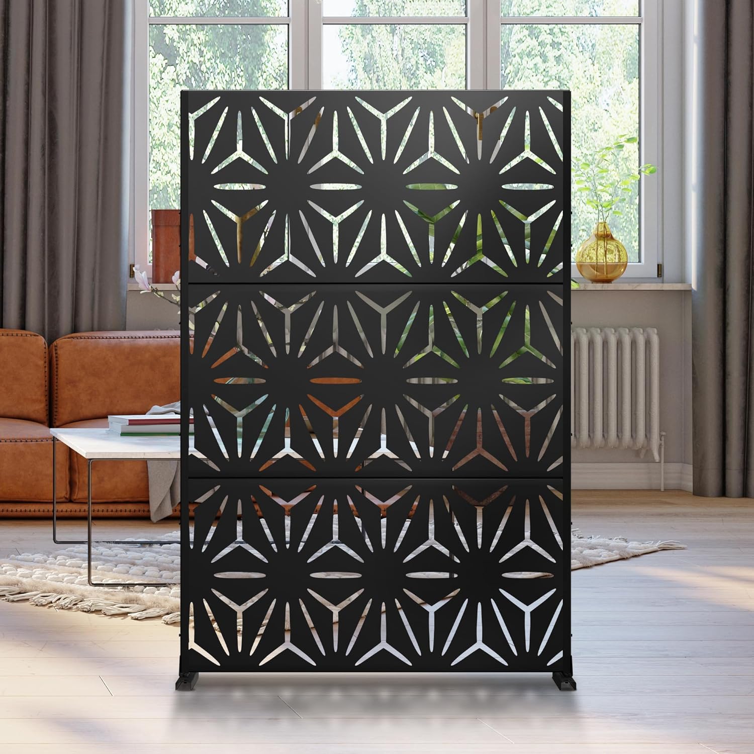 Metal Privacy Screen Outdoor 72" H×47" W, Freestanding Decorative Privacy Screen for Balcony Yard&Garden, Privacy Fence-Black&Star-VerdiqueGarden