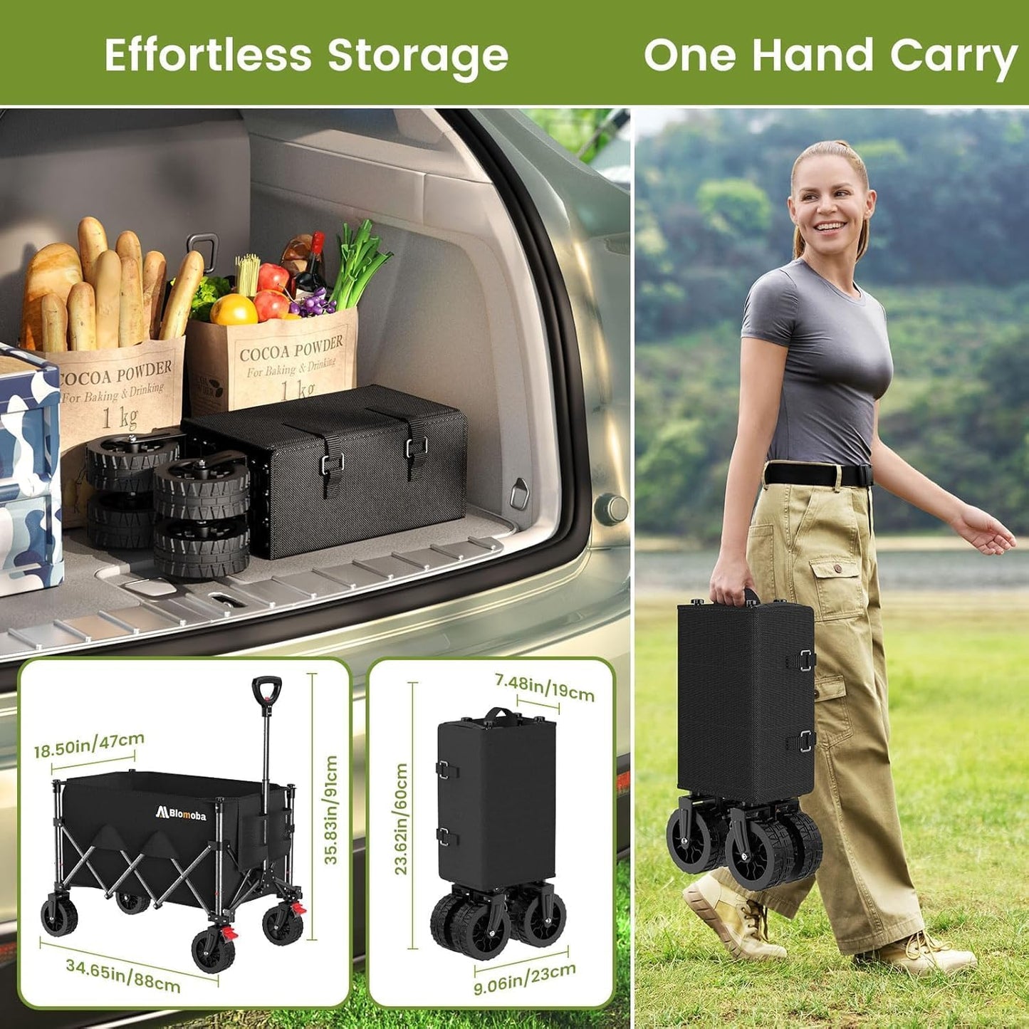 Collapsible Wagon Cart, 150L Heavy Duty Foldable Beach Wagon with Wider Wheels & Auto-Rebound Handle, Utility Grocery Shopping Cart for Garden, Shopping, Camping, Sports, Black-VerdiqueGarden