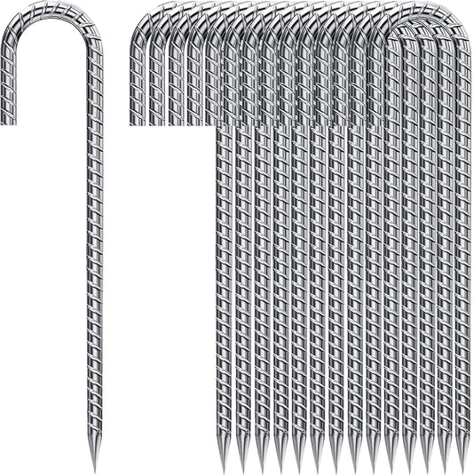 Ground Rebar Stakes 12 Inch Galvanized,J Hook Rebar Staples Heavy Duty 100 Pack Anti-Rust Yard Stakes for Plants Landscape Fabric Artificial Turf Fencing for Yard Shrubs-VerdiqueGarden