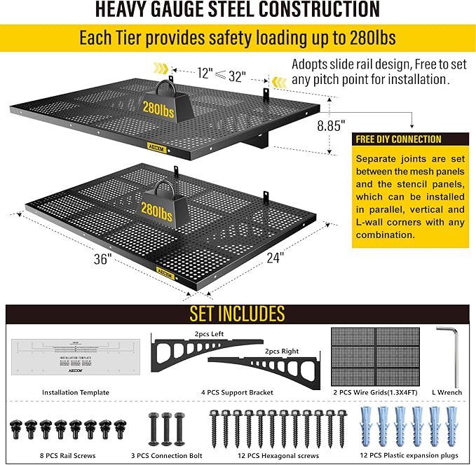 2-Pack 2x3ft Adjustable Garage Wall Shelving 560lbs Load Capacity Heavy Duty Wall Mounted Storage Shelf Metal Floating Shelves for Garage(Black)-VerdiqueGarden