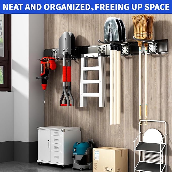 Garage Organization Tool Organizer Wall Mount, 48inch Heavy Duty Garden Tool organizer Storage System, Easy Install With 7 Adjustable Hooks, For Garage, Basement, Shed, Workshop(Black)-VerdiqueGarden