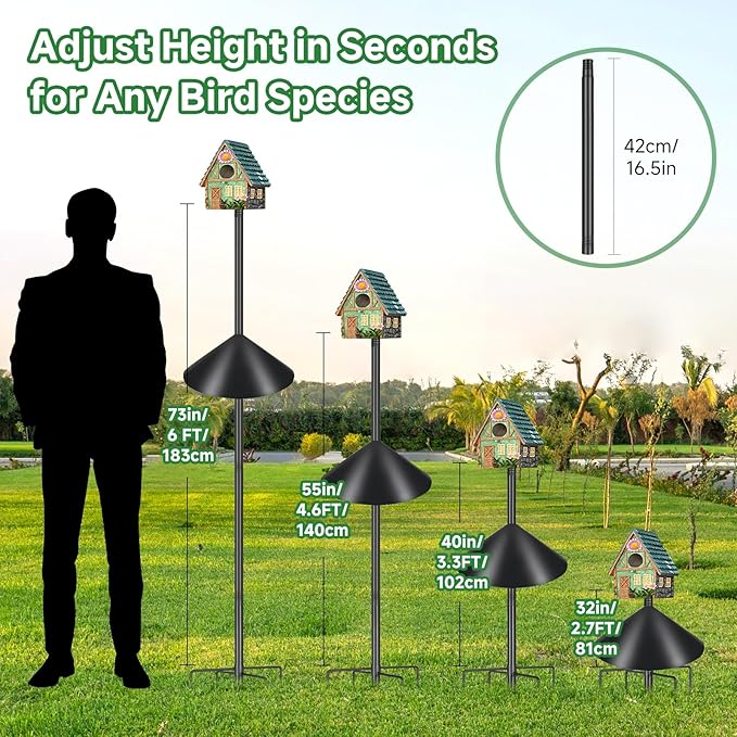 Smart Bird Feeder Pole with Squirrel Baffle & Bath-Heavy Duty Adjustable 3-6.6ft Universal Stand Mount for Backyard&Outdoor Bird Houses/Cameras (80'Pole-Baffle)-VerdiqueGarden