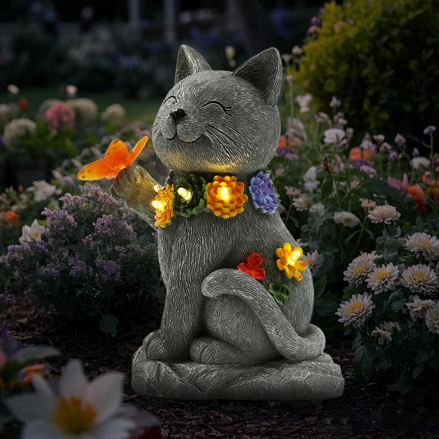Outdoor Solar Cat Garden Statue - with LED Flower and Butterfly Statue Light, Suitable for Lawn Decor, Porch, Yard Decorations Outdoor, Birthday Gift for Women-VerdiqueGarden