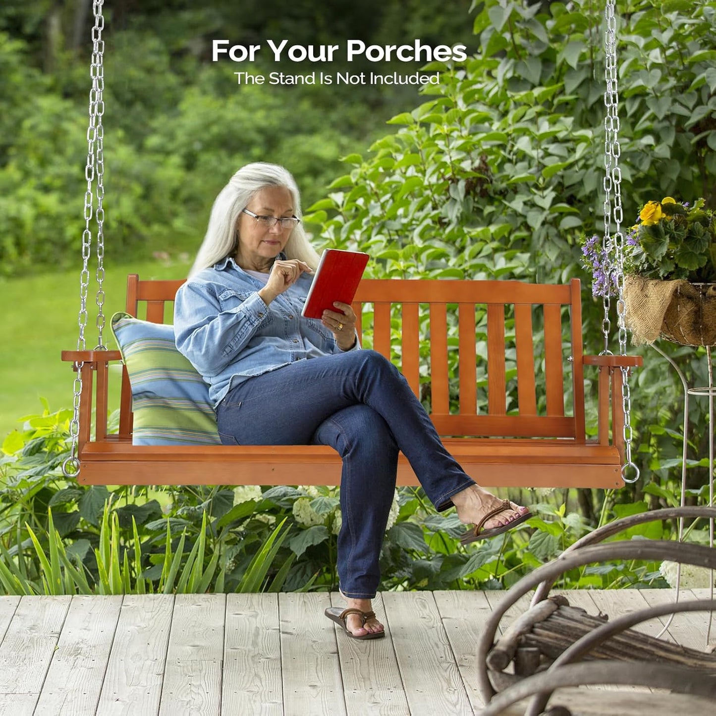 VINGLI Heavy Duty 880 LBS 5 FT Wooden Porch Swing Outdoor, Outdoor Hanging Swing Bench (5 FT, Brown)-VerdiqueGarden