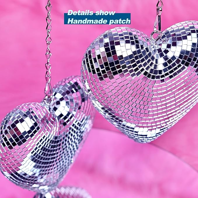 Disco Balls 2 Pack Silver Heart-Shaped Stage Mirror Balls Hanging Decor for Party, Room, Wedding, Garden, Retro Reflective Disco Ball Handmade Gifts (6.3 inch)-VerdiqueGarden