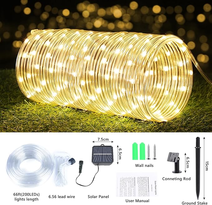 Solar Rope Lights, 2 Packs 66ft 200LED Solar String Lights, 8 Modes Waterproof Solar Powered Outdoor Lights, Flexible Clear Tube Light for Garden, Backyard, Patio, Deck, Pool,Tree Decor - Warm White-VerdiqueGarden